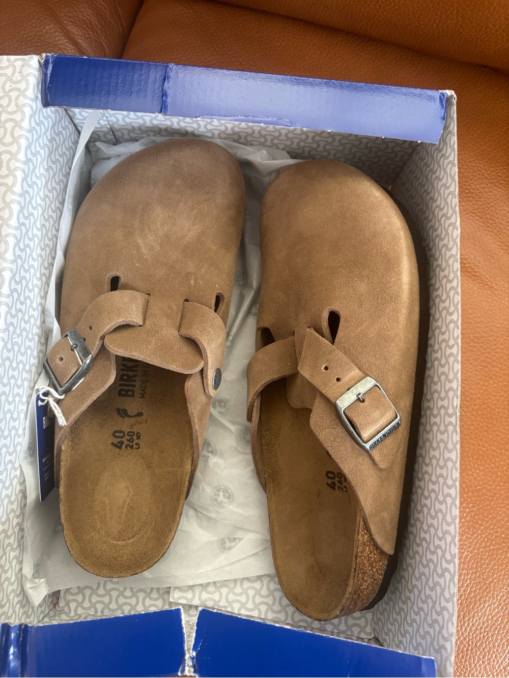 Birkenstock Men’s Boston Clog in Brown Suede with Silver Buckle